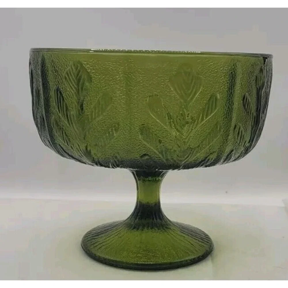 Vintage FTD Avacado Green Glass Footed Dish Oak‎ Leaf Pattern
